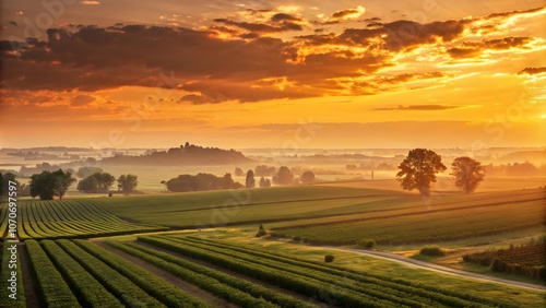 Golden Sunrise Over Orderly Countryside Fields, Symbolizing Peace , Peaceful Golden Sunrise Over Tidy Countryside Fields