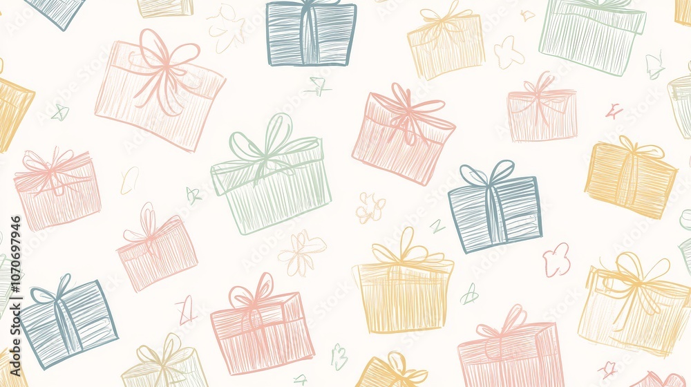 A background with simple outlined gift boxes in soft pastel colors arranged in a clean organized pattern A background with simple outlined gift boxes in soft pastel colors arranged in a clean organized pattern