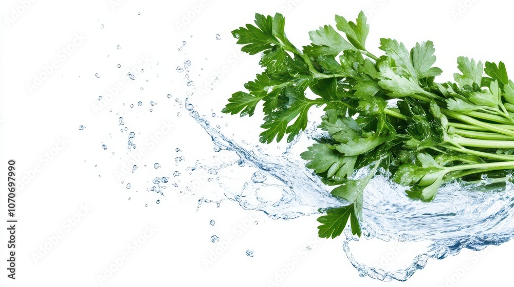 Fresh parsley leaves splashing in water on a white background. Fresh parsley leaves splashing in water on a white background.