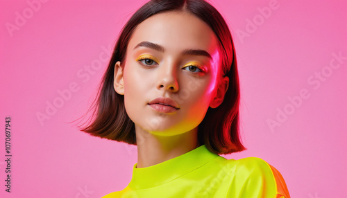 A vibrant and radiant young woman model in a minimalist design posing in neon photo