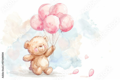 Illustration of a cute teddy bear holding pink balloons.