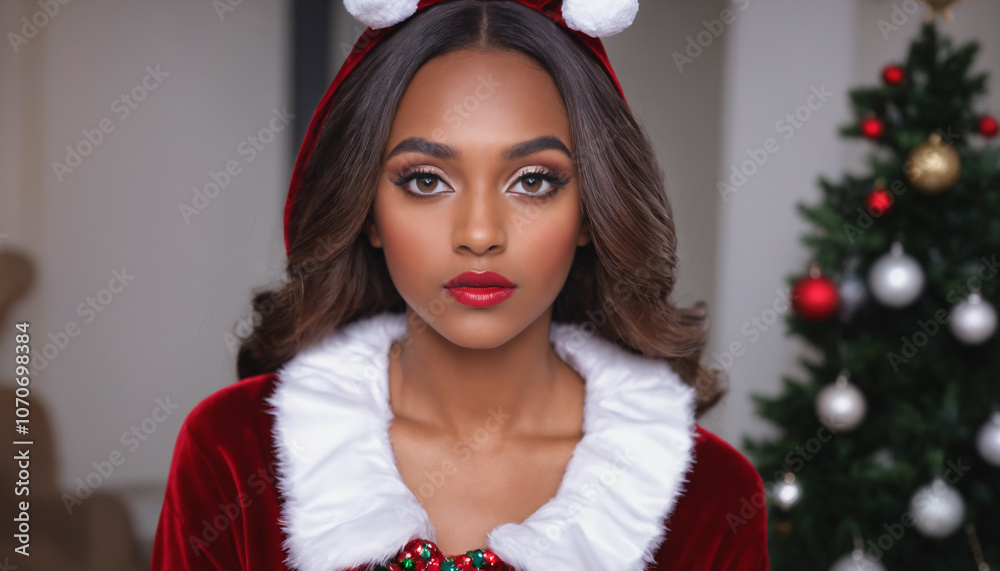 stunning young woman posing in a Christmas outfit with a deep look into the camera with makeup stunning young woman posing in a Christmas outfit with a deep look into the camera with makeup