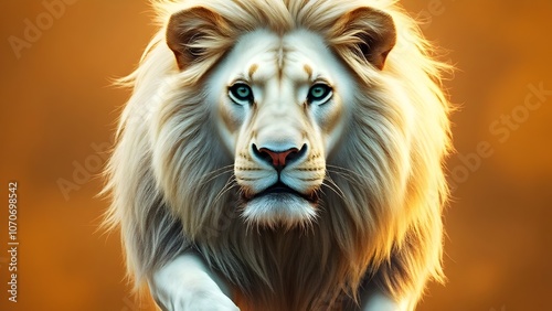 Majestic White Lion Staring Intently Beautiful Eyes Captivating Mane Powerful Presence Wild Animal photo