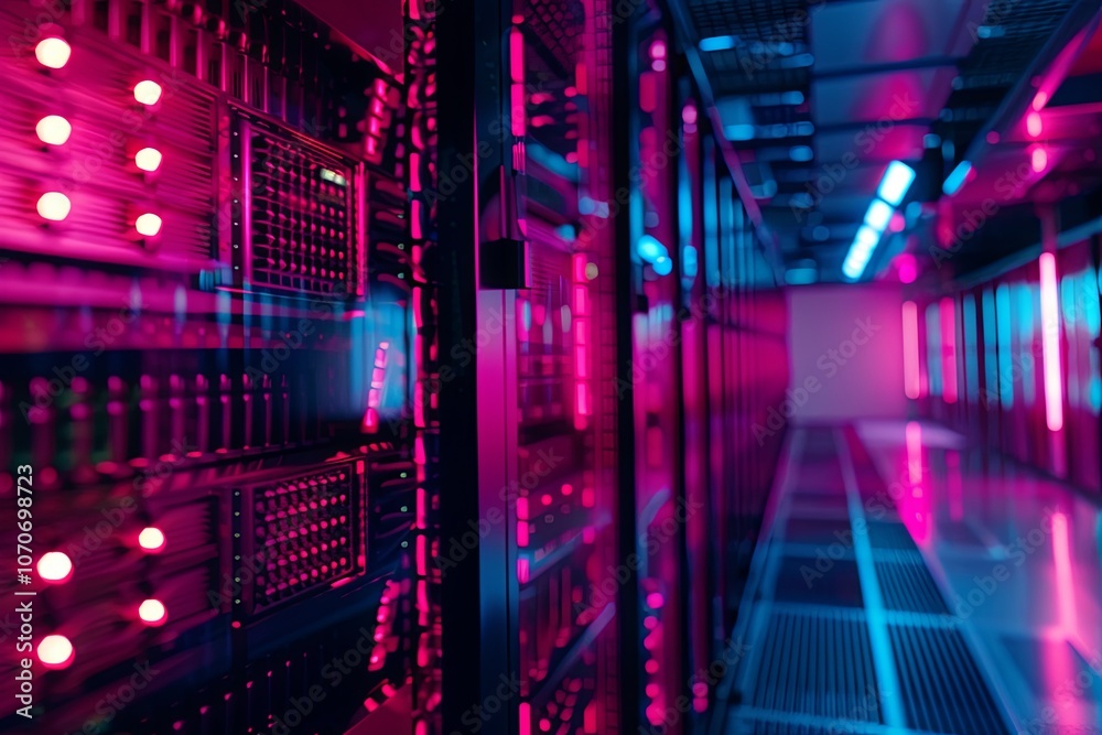 Obraz premium Advanced data center with glowing lights and server racks illuminated in pink and blue colors during nighttime. Generative AI