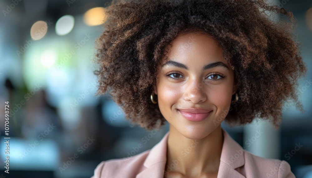 Young woman with curly hair smiles warmly in a modern office setting during the day Young woman with curly hair smiles warmly in a modern office setting during the day