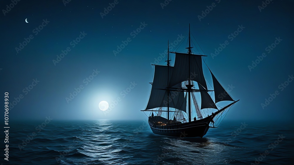 a medieval sailboat sailing on the sea foggy nights bright moonlight eerie atmosphere a medieval sailboat sailing on the sea foggy nights bright moonlight eerie atmosphere