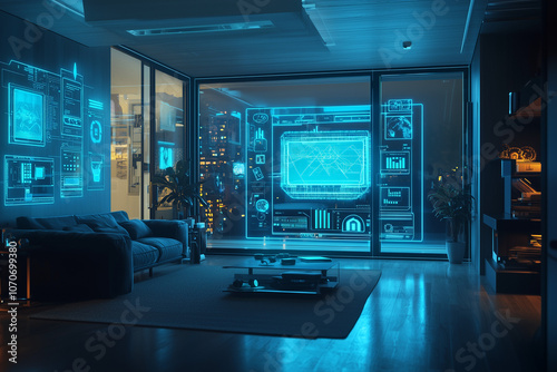 High-Tech Smart Home at Night with Glowing AI Control Panels, Wireframe Neon Connections, Aerial View of Connected Devices & Futuristic Gadgets