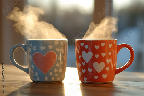 two coffee mugs with heart designs steaming in the morning light.