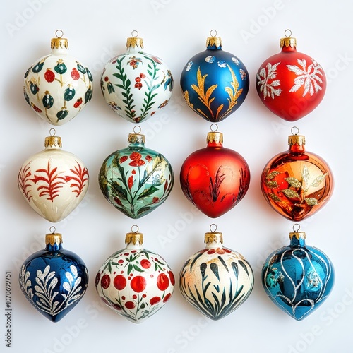 Christmas ornaments in various shapes and colors on white background