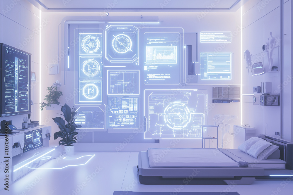 High-Tech Smart Home at Night with Glowing AI Control Panels, Wireframe Neon Connections, Aerial View of Connected Devices & Futuristic Gadgets High-Tech Smart Home at Night with Glowing AI Control Panels, Wireframe Neon Connections, Aerial View of Connected Devices & Futuristic Gadgets