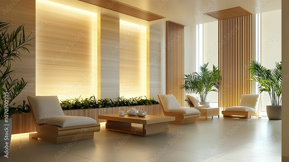 Fototapeta premium Interior design bamboo furniture. A modern, serene lounge with wooden accents, soft lighting, and lush greenery creates a tranquil space for relaxation.