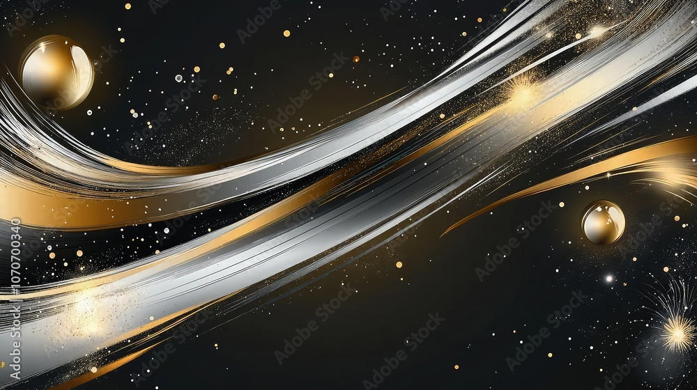 Φωτογραφία A modern abstract banner for New Year's Eve with metallic gold and silver brushstrokes crossing over a dark background