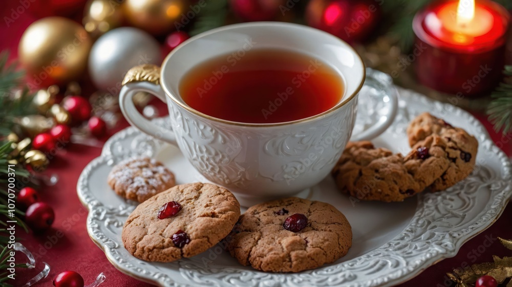 A cozy setting featuring a cup of tea and festive cookies on a decorative plate. A cozy setting featuring a cup of tea and festive cookies on a decorative plate.