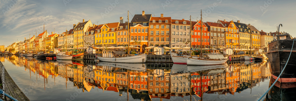 panorama of Nyhamn in Copenhagen where the colorful houses are splayed in the canal