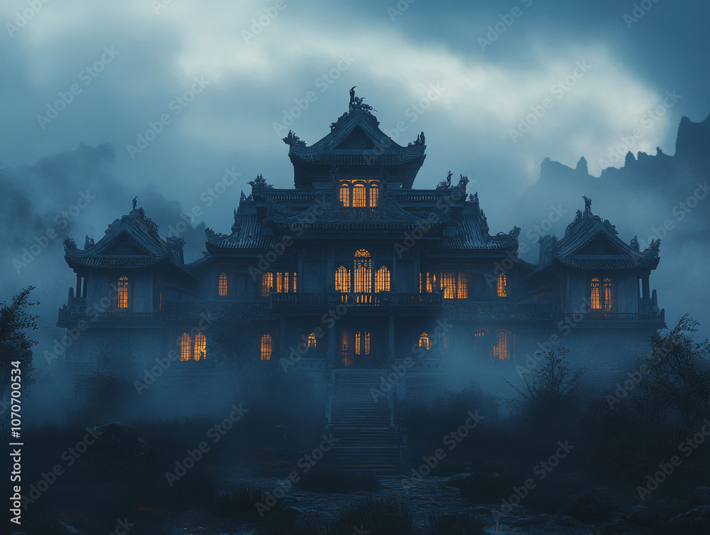 Obraz premium chinese style haunted victorian mansion, haunted by dark ghost and monsters, dark fantasy, photorealistic, doomsday scene,spooky