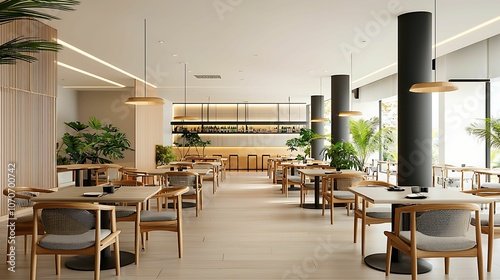Interior design bamboo furniture. A modern  bright restaurant interior featuring wooden furniture  plants  and a welcoming atmosphere.