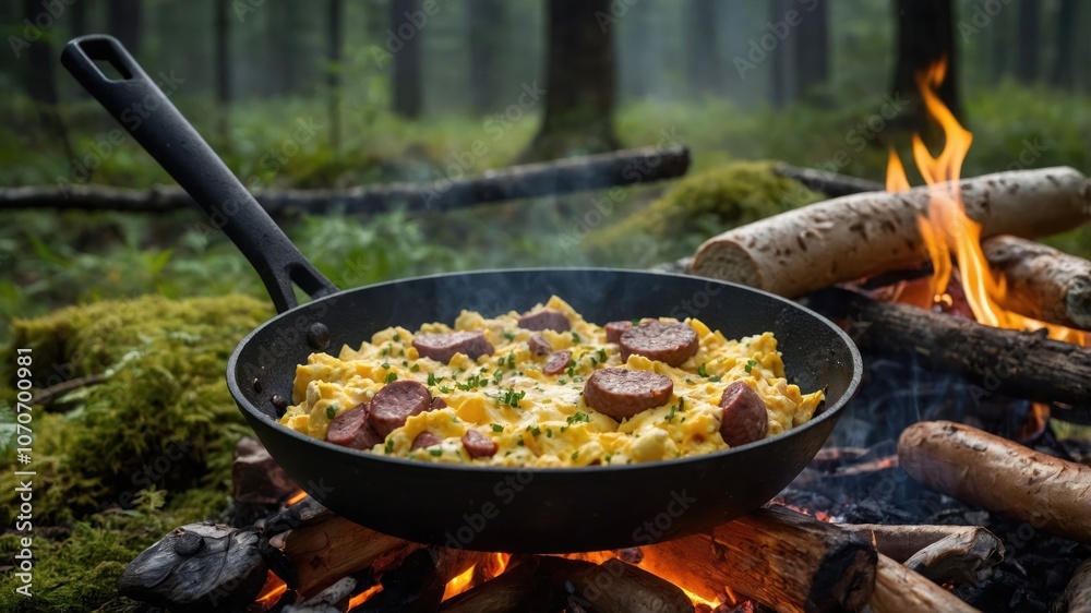 A skillet of cooked food over a campfire in a forest setting. A skillet of cooked food over a campfire in a forest setting.