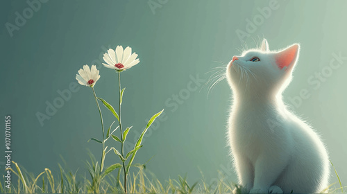 Cute kitten with flowers. Cat with minimalist background.