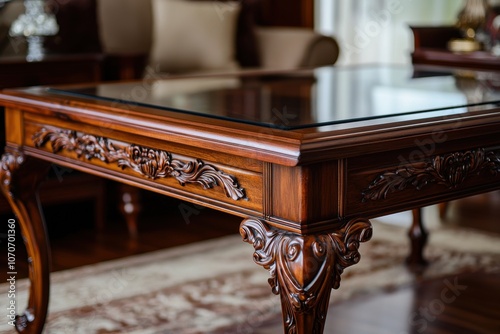 A beautifully crafted wooden table with intricate carvings and a glass top, set in an elegant living space. photo