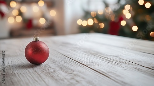 A clean, rustic white wooden table holding a single red ornament ball, background softly blurred with warm holiday lights and garland, peaceful holiday scene. --ar 16:9 photo