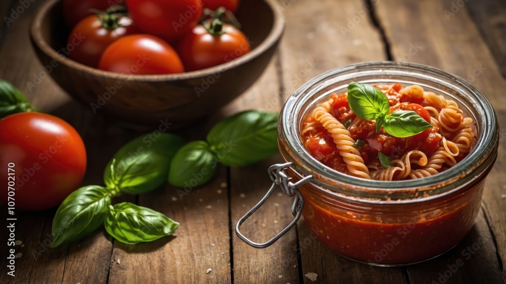 A jar of pasta with tomato sauce and basil, surrounded by fresh tomatoes and basil leaves.