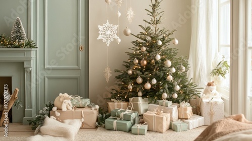 Festive Christmas layout in soothing pastel shades, showcasing gentle decorations and a tranquil holiday vibe