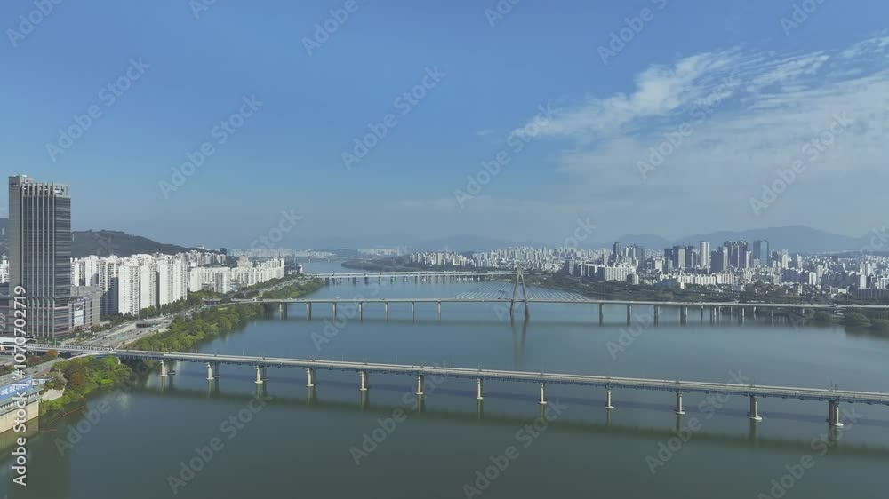 Drone View of Seoul city in South Korea, Jamsil Han River, Summer 60fps Drone View of Seoul city in South Korea, Jamsil Han River, Summer 60fps