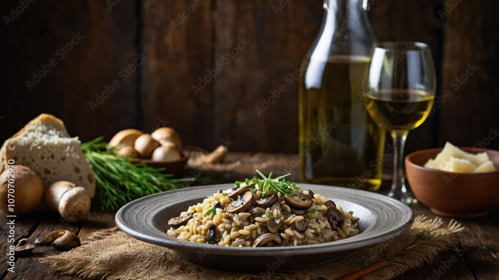 A beautifully plated mushroom risotto with wine, bread, and cheese, set on a rustic table. A beautifully plated mushroom risotto with wine, bread, and cheese, set on a rustic table.