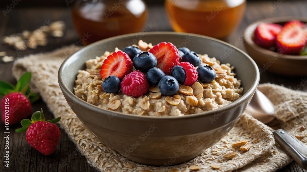 A bowl of oatmeal topped with fresh berries and honey, showcasing a healthy breakfast option. A bowl of oatmeal topped with fresh berries and honey, showcasing a healthy breakfast option.