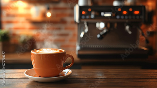 Coffee shop background with an espresso machine and a steaming cup of coffee