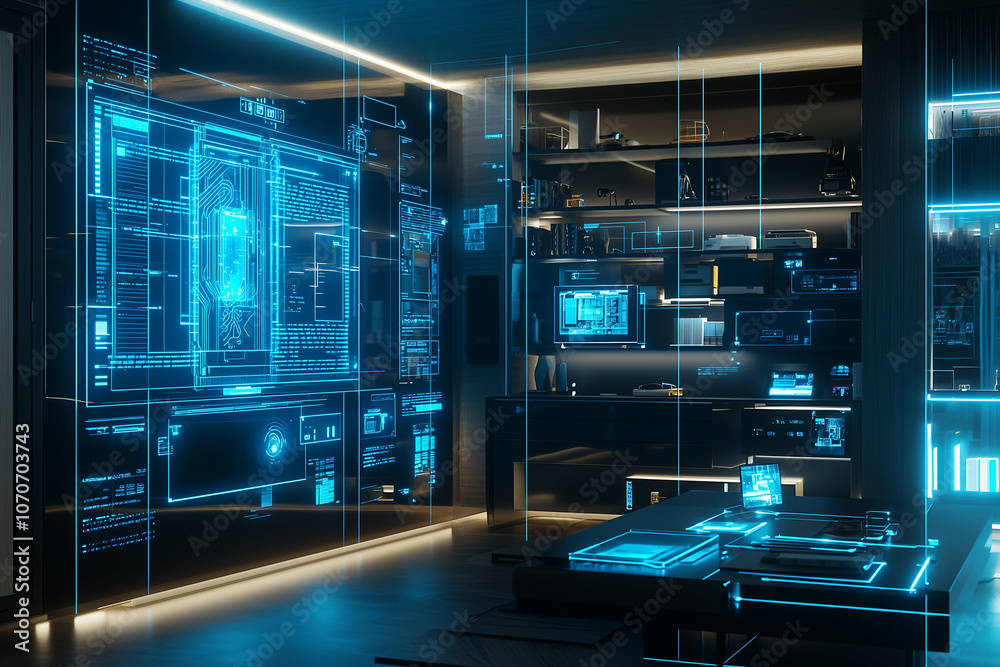 High-Tech Smart Home at Night with Glowing AI Control Panels, Wireframe Neon Connections, Aerial View of Connected Devices & Futuristic Gadgets High-Tech Smart Home at Night with Glowing AI Control Panels, Wireframe Neon Connections, Aerial View of Connected Devices & Futuristic Gadgets