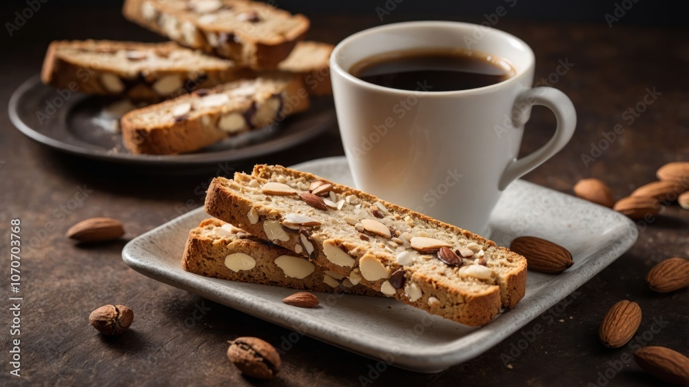 A cozy scene featuring coffee and almond biscotti on a plate, perfect for a snack or dessert. A cozy scene featuring coffee and almond biscotti on a plate, perfect for a snack or dessert.
