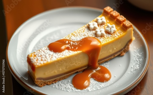 A slice of cheesecake topped with caramel sauce and powdered sugar sits on a plate photo