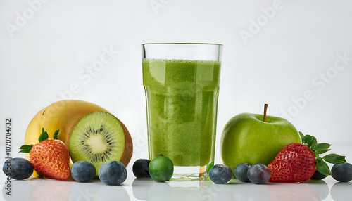 Vibrant green smoothie surrounded by fresh fruits including apple, kiwi, banana, strawberry, and blueberries, perfect for a healthy lifestyle and nutritious diet.