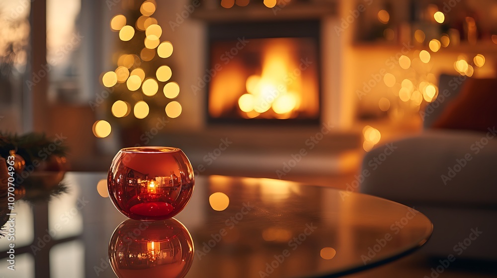 A glass table with a vibrant red bauble on the side, background softly blurred with the golden glow of a cozy fireplace and festive Christmas lights, warm and inviting atmosphere. --ar 16:9 A glass table with a vibrant red bauble on the side, background softly blurred with the golden glow of a cozy fireplace and festive Christmas lights, warm and inviting atmosphere. --ar 16:9