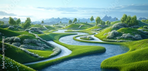 A winding river flowing through various landscapes, illustrating the journey of ideas as they develop and evolve over time.