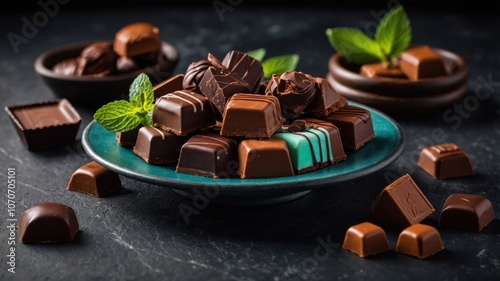 A colorful assortment of chocolates arranged on a plate, garnished with mint leaves.