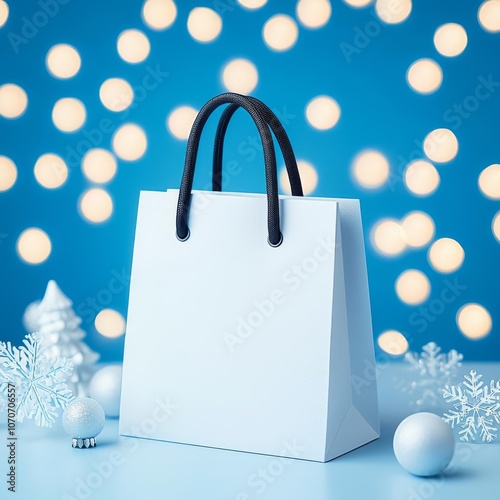 Minimal blank shopping bag with matte texture, in front of a glowing holiday backdrop, surrounded by snowflakes
