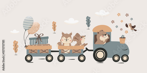 A children's background with cute animals riding on a steam train. Vector design for postcards, banners, posters and more.