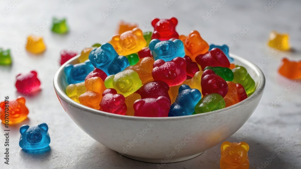 A bowl filled with colorful gummy bears and scattered candies on a light surface. A bowl filled with colorful gummy bears and scattered candies on a light surface.
