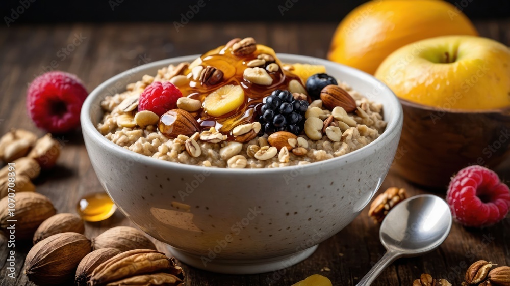 A bowl of oatmeal topped with fruits, nuts, and honey, promoting a healthy breakfast. A bowl of oatmeal topped with fruits, nuts, and honey, promoting a healthy breakfast.