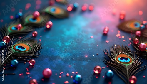 Peacock Feathers with Colorful Beads Festive Background Design