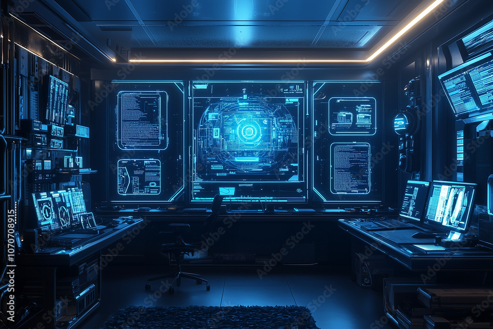 High-Tech Smart Home at Night with Glowing AI Control Panels, Wireframe Neon Connections, Aerial View of Connected Devices & Futuristic Gadgets High-Tech Smart Home at Night with Glowing AI Control Panels, Wireframe Neon Connections, Aerial View of Connected Devices & Futuristic Gadgets
