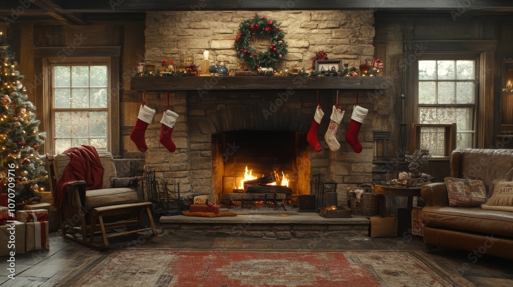 Cozy Christmas Cabin Interior with Fireplace and Decor