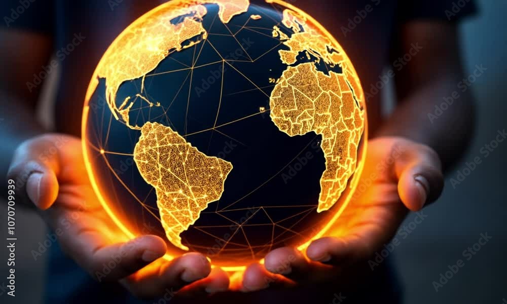glowing, illuminated globe of the Earth is held in hands, with bright orange lights outlining continents, symbolizing global connection and technology. The vibrant imagery emphasizes connectivity