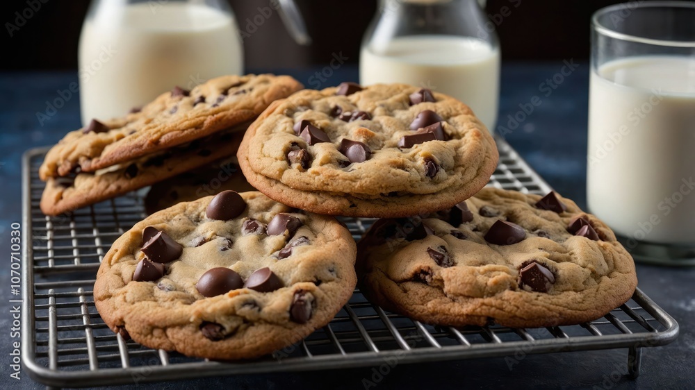 Freshly baked chocolate chip cookies on a cooling rack with milk in the background. Freshly baked chocolate chip cookies on a cooling rack with milk in the background.