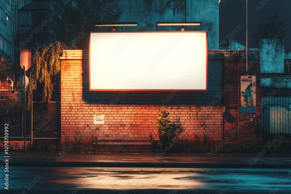 A blank white billboard mounted on a brick wall, spotlight shining on it A blank white billboard mounted on a brick wall, spotlight shining on it