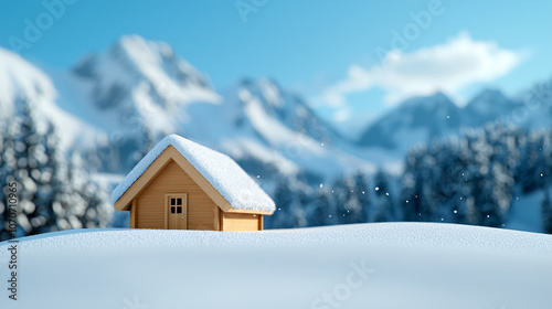 cozy cabin surrounded by snow covered mountains, evoking tranquility