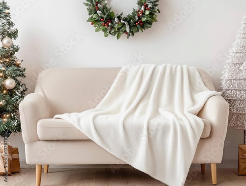 Blank throw blanket mockup, draped over a couch with a Christmas wreath above, soft glowing light and holiday cheer photo