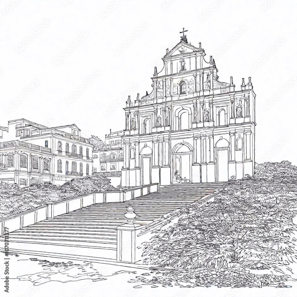 Obraz premium world heritage, ruins of St. Paul's, Macau, outline, sketch